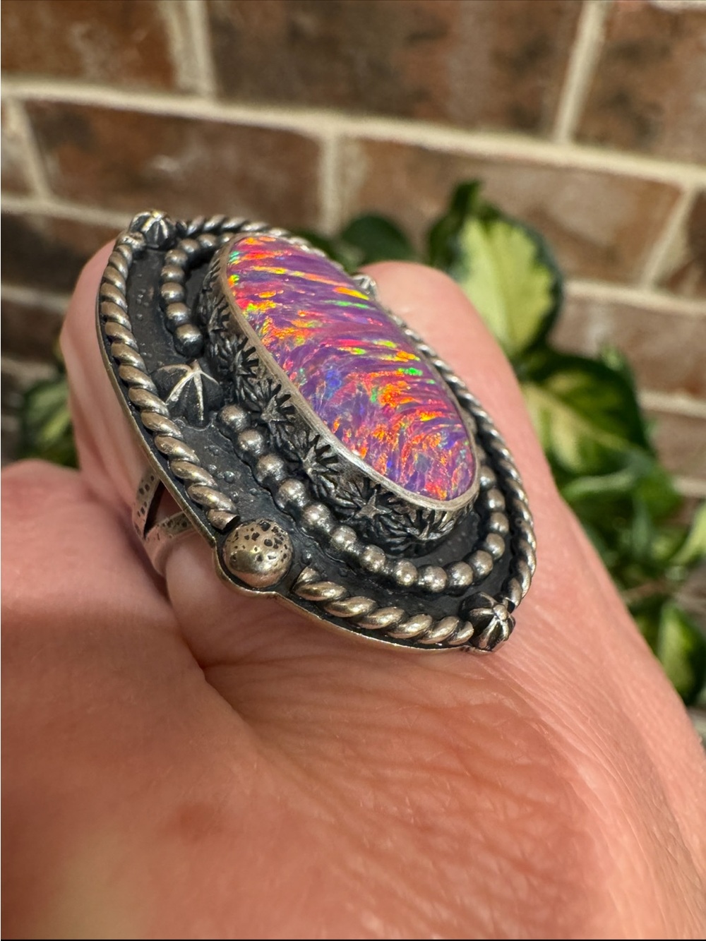 Blue and Blue Artisan Sterling Silver Pink Aura Opal Cosmos Star Statement Ring - Picture 6 of 16